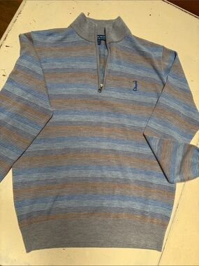 Peter Millar Striped Quarter-Zip Sweater in Blue & Brown Merino Wool